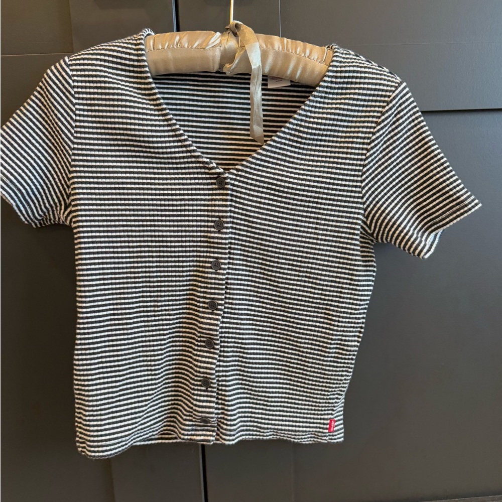 Levi's Black and White Striped Button Crop Shirt